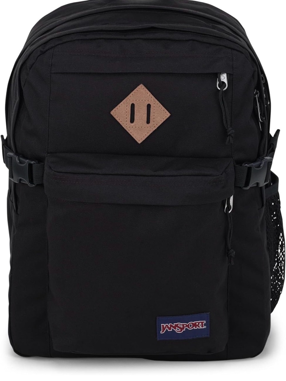 Jansport Black Backpack with Front Pocket and Leather Patch